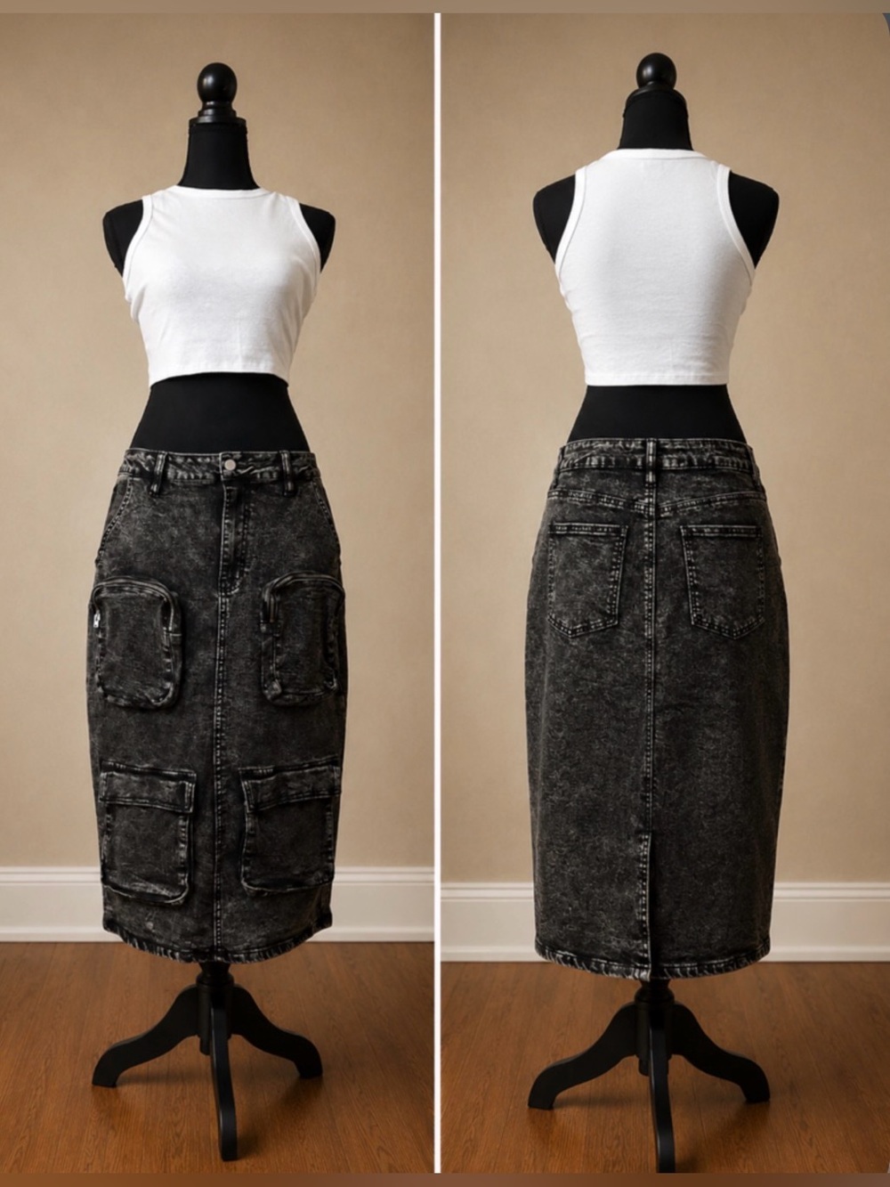 Fashion Nova Sakura Cargo Denim Midi Skirt | NWOT | Black Acid Wash | Size L